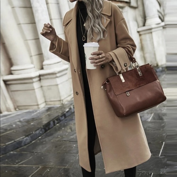 Camel double breasted trench long peacoat jacket - Picture 4 of 7